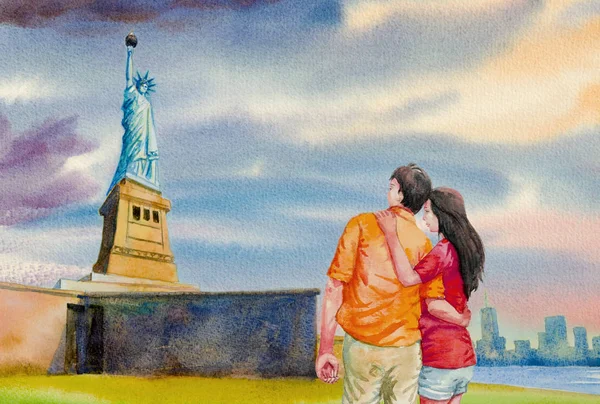 Tourist travel couple at statue of Liberty with World Trade Center New York City background,  Couple men and women embrace. Watercolor landscape painting, illustration landmarks of the world.