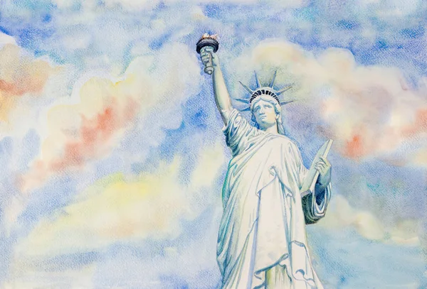 Estatua Libertad Con Cielo Fondo Nuboso Acuarela Paisaje Pintura Ilustración — Foto de Stock