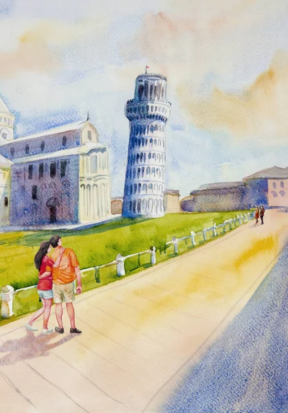 Hand Dras Akvarell Målning Lutande Tornet Pisa Italien Illustration Art — Stockfoto