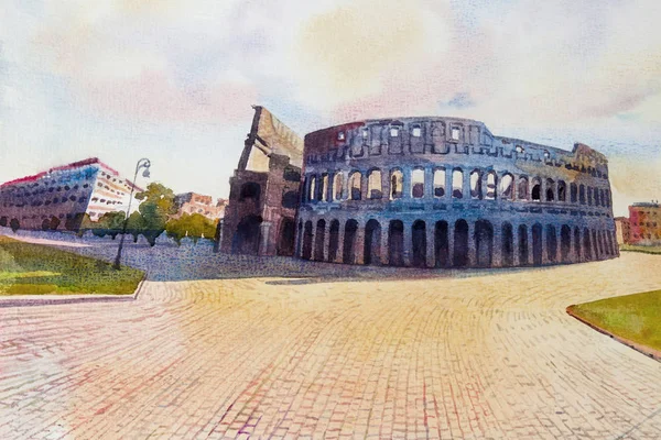 Hand drawn watercolor painting -  Colosseum in Rome, Italy, Illustration art, sky background on paper, Travel landmark of the world.