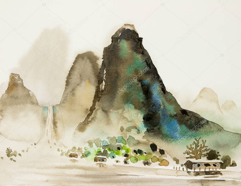 Abstract watercolor painting landscape on paper colorful of village view riverside, mountain in the beauty summer season, wild life, in morning background. Painted Impressionist, illustration image.