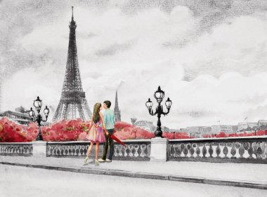 Paris Avrupa şehir manzarası. Fransa, Eyfel Kulesi ve iki genç, erkek ve kadın cadde görünümü, siyah ve beyaz arka plan üzerinde. Suluboya resim illüstrasyon, tatil seyahat, Sevgililer, tebrik.