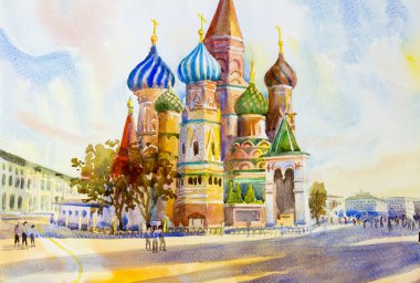 Kremlin ve Kızıl Meydan Rusya'da Aziz Basil Katedrali. ana turistik Moskova'da. Manzara suluboya resim, güzel sezon yaz ve aile Turları boyama.