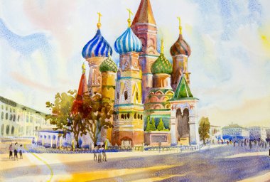 Kremlin and Cathedral of St. Basil in the Red Square Russia. the main tourist attraction in Moscow.  Painting landscape watercolor illustration, beautiful season summer and family tour. clipart