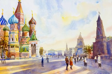 Kremlin and Cathedral of St. Basil in the Red Square in Moscow, Russia. the main tourist attraction. Painting landscape watercolor illustration, beautiful season summer and family tour. clipart