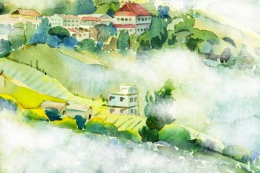 Suluboya manzara köyü görünüm güzellik kış sezonu, yaban hayatı, sis sabah arka planda dağda tepe üzerinde renkli kağıda soyut. Boyalı izlenimci, görüntü illüstrasyon.