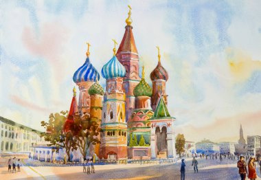 Kremlin ve Kızıl Meydan Rusya'da Aziz Basil Katedrali. ana turistik Moskova'da. Manzara suluboya resim, güzel sezon yaz ve aile Turları boyama.