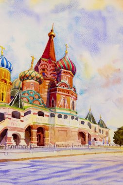 Kremlin ve Kızıl Meydan Rusya'da Aziz Basil Katedrali. ana turistik Moskova'da. Manzara suluboya resim, güzel sezon yaz ve gökyüzü, bulut arka plan boyama.