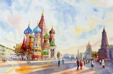 Kremlin ve Kızıl Meydan Rusya'da Aziz Basil Katedrali. ana turistik Moskova'da. Manzara suluboya resim, güzel sezon yaz ve gökyüzü, bulut arka plan boyama.