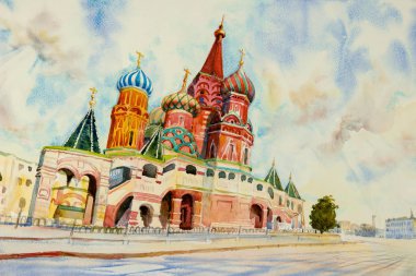 Kremlin ve Kızıl Meydan Rusya'da Aziz Basil Katedrali. ana turistik Moskova'da. Manzara suluboya resim, güzel sezon yaz ve gökyüzü, bulut arka plan boyama.