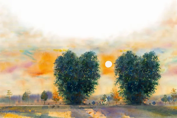 Aquarel Landschap Schilderij Kleurrijke Van Avond Zonsondergang Man Vrouw Oefening — Stockfoto