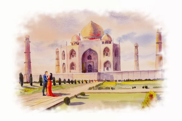 Suluboya Manzara Taj Mahal Görünümü Aşık Çift Çiçek Bahçe Gökyüzü — Stok fotoğraf