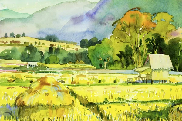 Paisagem Aquarela Pintura Original Sobre Papel Colorido Aldeia Campo Arroz — Fotografia de Stock