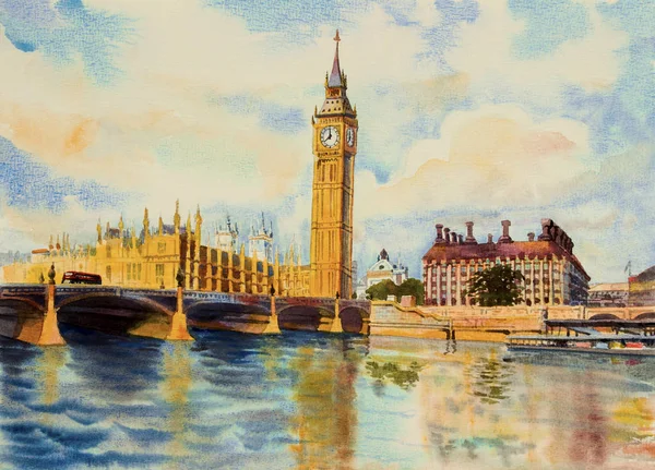 大本钟钟楼和泰晤士河在伦敦在英国 水彩画插画风景美丽的季节 商业城市 热门旅游地点 — 图库照片