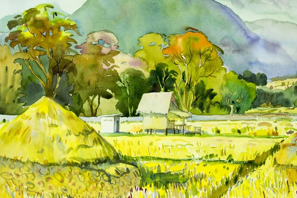 Watercolor landscape original painting on paper colorful of village and rice field in the morning, with sky view background, Hand painted illustration beauty nature winter season in Thailand.