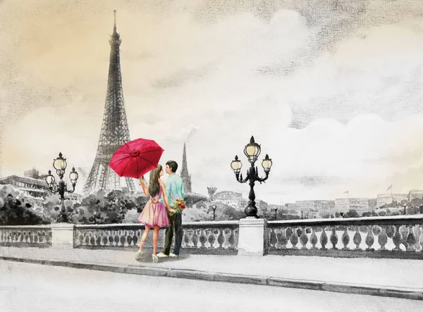 París Paisaje Urbano Europeo Francia Torre Eiffel Pareja Joven Paraguas —  Fotos de Stock