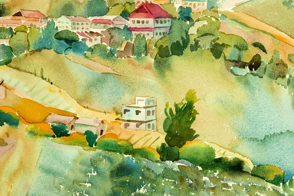 Abstrakt Akvarell Landskap Papper Färgstarka Byn Syn Hill Mountain Skönhet — Stockfoto