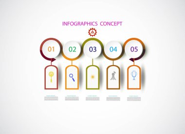 Infographics zaman çizelgesi tasarım şablonu iş kavramı ve simgeler için. Seçenekler, web tasarım, iş kavramı, sunumlar seçenekleri ile 5 adım adım, iş akışı düzeni, diyagram, numarası seçenekleri için kullanılabilir. Vektör çizim.