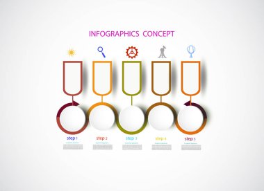 Infographics zaman çizelgesi tasarım şablonu iş kavramı ve simgeler için. Seçenekler, web tasarım, iş kavramı, sunumlar seçenekleri ile 5 adım adım, iş akışı düzeni, diyagram, numarası seçenekleri için kullanılabilir. Vektör çizim.
