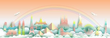 Dünya ünlü Anıtlar ülkeleri yerlerinden üst ile Fransa, İngiltere, İspanya, İtalya, Mısır, Amerika, Avrupa ve Asya için kağıt kesiği ve gradyan stilini seyahat poster ve kartpostal için seyahat etmek.