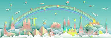 Dünya ünlü Anıtlar ülkeleri yerlerinden üst ile Fransa, İngiltere, İspanya, İtalya, Mısır, Amerika, Avrupa ve Asya için kağıt kesiği ve gradyan stilini seyahat poster ve kartpostal için seyahat etmek.