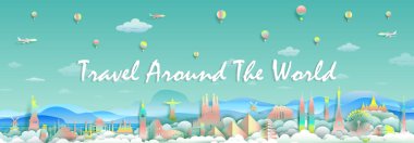 En iyi dünya ünlü ülkeler Fransa, İngiltere, İspanya, İtalya, Mısır, Amerika, Avrupa ve Asya kağıt kesiği ve gradyan stilini seyahat poster ve kartpostal ile için dünya yerler seyahat