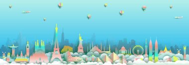 Şehir arka plan ile dünyaca ünlü ülkelerin simgesel etrafında seyahat Fransa, İngiltere, İspanya, İtalya, Mısır, Amerika, Avrupa ve Asya seyahat posteri ve kartpostal için kağıt kesim ve degrade tarzı ile gidin.