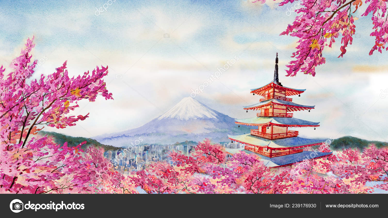 Image of the Traditional Japanese Watercolor Painting Art Featuring Cherry  Blossoms,pagoda,bridge,bamboo and Serene Landscape. Stock Illustration -  Illustration of abstract, oriental: 279178351