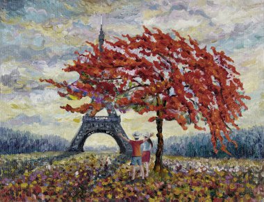 Avrupa'da, Fransa, erkek ve kadın sevgilisiyle, romantik tatil seyahat düşüşünün bahçedeki Eyfel Kulesi Paris şehir manzarası. Suluboya resimler, dünya ünlü yerler resimler.