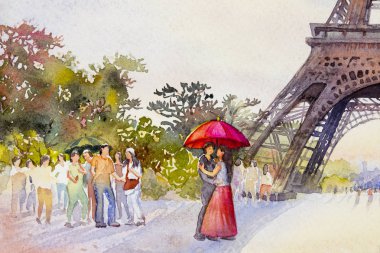 Paris Avrupa şehir manzarası. Fransa, Eyfel Kulesi ve çift aşık adam, kadın, kırmızı şemsiye, çiçek bahçesi ağaçlar. Suluboya resim illüstrasyon, düğün, Sevgililer günü, tebrik.