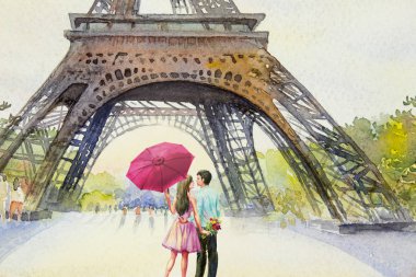 Paris Avrupa şehir manzarası. Fransa, Eyfel Kulesi ve aşık erkek ve kadınlar, şemsiye, çiçek bahçesi ağaçlar pembe. Suluboya resim illüstrasyon, düğün, Sevgililer günü, reklam ile tebrik.