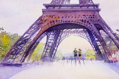 Resim sergisi landmark Paris Avrupa kentin simgelerinden. Fransa, Eyfel Kulesi ve aşık bir adam ve kadın sabah koşuya. Suluboya resim illüstrasyon, düğün, Sevgililer günü, reklam ile tebrik.