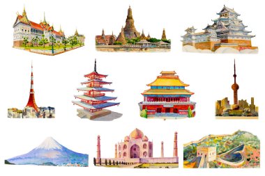 Paintings landmark travel around the world and sights. Famous landmarks of the world grouped together. Watercolor hand drawn painting illustration, landmarks of Asia on white background, popular tourist attraction.