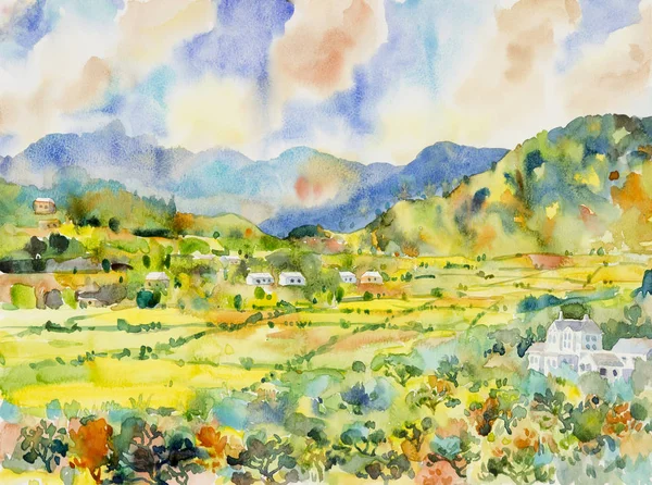 Aquarelle Paysage Peinture Colorée Village Montagne Prairie Dans Vue Panorama — Photo