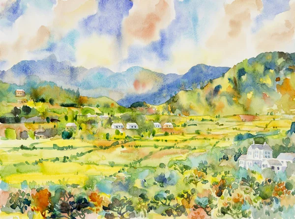 Suluboya manzara köy renkleri, Panorama manzaralı dağ ve çayır manzarası ve kırsal kesimde doğa gökyüzü arka planında sonbahar. Asya 'da elle boyanmış yarı soyut çizimler.
