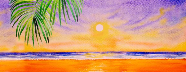 Pittura Acquerello Colorato Carta Dipinti Paesaggio Marino Con Sfondo Sole — Foto Stock