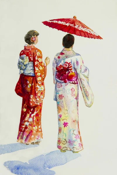 赤い傘と日本の伝統的な着物を着た舞妓でアジアの女性 元のイメージを描いた白バック グラウンドで 分離紙イラスト水彩絵画 — ストック写真