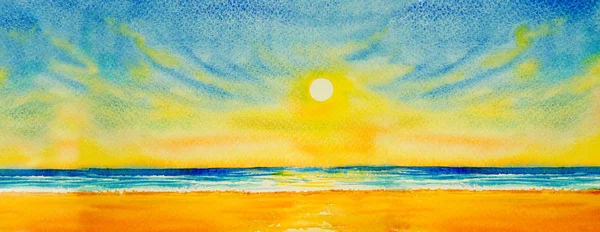 Colorful watercolor painting on paper of seascape paintings with sun evening background. Modern art paintings with  beach, wave on sea. Abstract contemporary art for background.