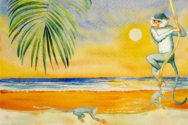 배경으로 바다의 종이에 다채로운 수채화 미술에 원숭이 Desing 배경에 추상적인 — 스톡 사진