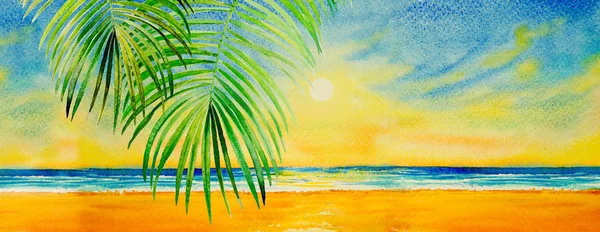 Színes Akvarell Papír Seascape Festmények Sunrise Háttérrel Modern Művészi Festmények — Stock Fotó