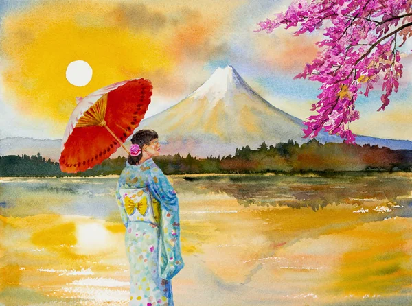 Marcos Pintura Aquarela Coloridos Japão Mulher Asiática Vestindo Quimono Tradicional — Fotografia de Stock