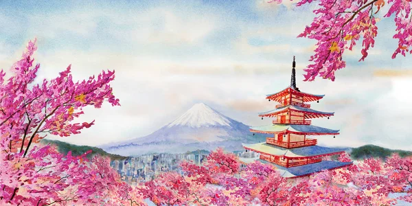 Kolorowe Akwarela Malarstwo Znanych Zabytków Japonii Chureito Czerwony Pagoda Mount — Zdjęcie stockowe