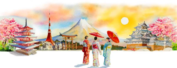 Resim sergisi Simgesel Yapı ünlü simge Asya Japonya - seyahat. Şemsiye ile Japon geleneksel kimono giyen kadın. Güneş manzarası uzay arka plan, popüler turistik çizimde suluboya resim.