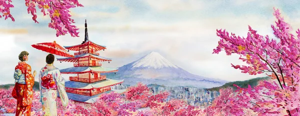 Resim sergisi Simgesel Yapı dünya ve Asyalı kadın şemsiye ile Japon geleneksel kimono giyen ünlü simge Japonya - seyahat. Gökyüzü uzay arka plan, popüler turistik çizimde suluboya resim.