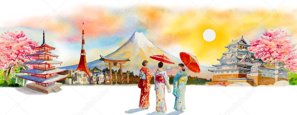 Paintings landmark travel of Japan - Famous landmarks of the Asian. Woman wearing japanese traditional kimono with umbrella. Watercolor painting illustration in sun skyline space background, popular tourist attraction.