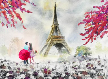 Paris Avrupa şehir manzarası. Fransa, Eyfel Kulesi ve çift aşık adam, kadın, şemsiye kırmızı, Modern Sanat, papatya çiçek bahçesi ağaçlar. Suluboya resim illüstrasyon, düğün, Sevgililer günü, tebrik.