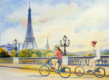 Resim Sergisi landmark Paris Avrupa şehir manzarası. France Eiffel Kulesi ve iki genç erkek, kadın sokakta Bisiklete binme. Sevgililer günü ile suluboya resim illüstrasyon tatil seyahat.
