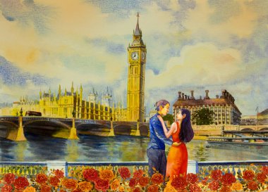 Erkek ve kadınlarda Abiye manzaraya Big Ben Saat Kulesi ve İngiltere'de Londra'da thames Nehri. Suluboya resim illüstrasyon manzara, güzel gül sezon. Dönüm noktası, iş şehir 