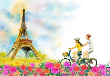 Paris Avrupa şehir manzarası. Fransa, Eyfel Kulesi ve çift aşk erkek, kadın, gül Bahçe, Modern Sanat, suluboya resim illüstrasyon, Sevgililer günü, turizm Bisiklete binme tebrik, davetiyeler.
