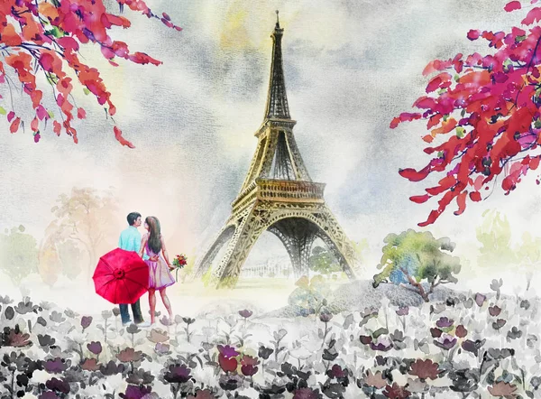 Paris Avrupa şehir manzarası. Fransa, Eyfel Kulesi ve çift aşık adam, kadın, şemsiye kırmızı, Modern Sanat, papatya çiçek bahçesi ağaçlar. Suluboya resim illüstrasyon, düğün, Sevgililer günü, tebrik.